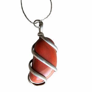 Natural Red Jasper Pendant Necklace, Minimalist Silver Wire Wrapped, Artisan